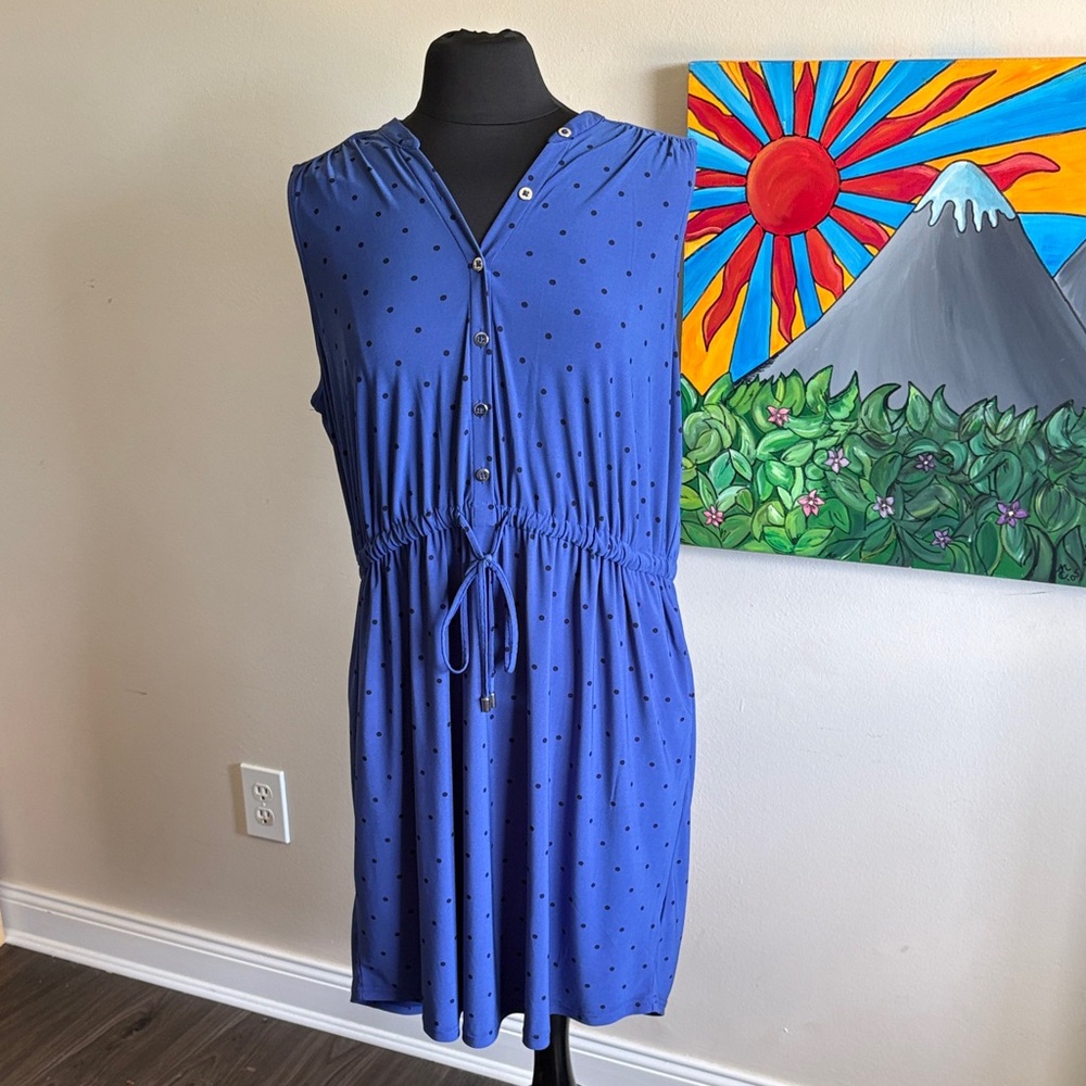 Addition Elle Royal Blue Sleeveless Polka Dot Drawstring Mini Dress